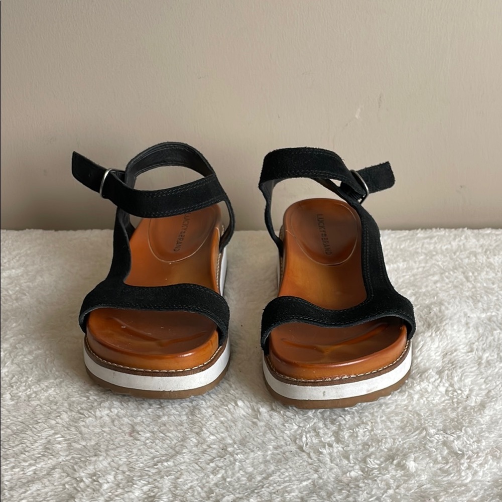 Lucky Brand Suede Leather Gabrien Slip On Women's 8.5 Black Ankle Strap Sandals